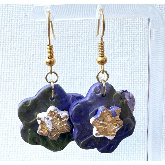 Artisan Star in Flower Purple & Green Clay Dangle Earrings 1.75" Long - Picture 2 of 2